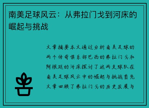 南美足球风云：从弗拉门戈到河床的崛起与挑战