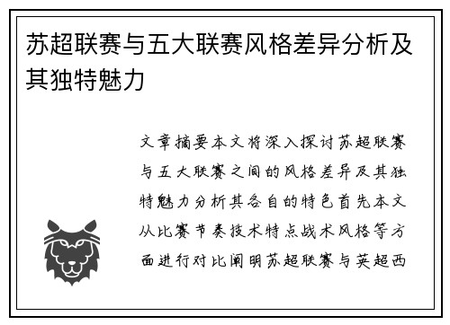 苏超联赛与五大联赛风格差异分析及其独特魅力