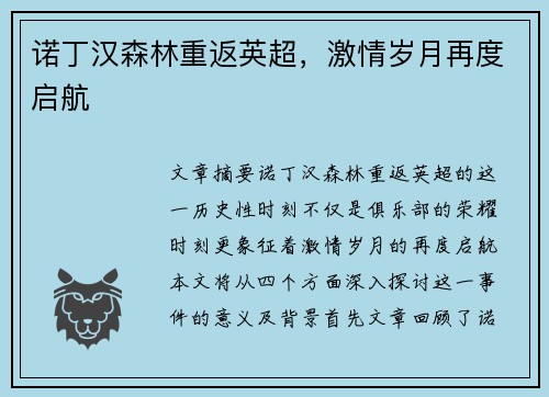 诺丁汉森林重返英超，激情岁月再度启航
